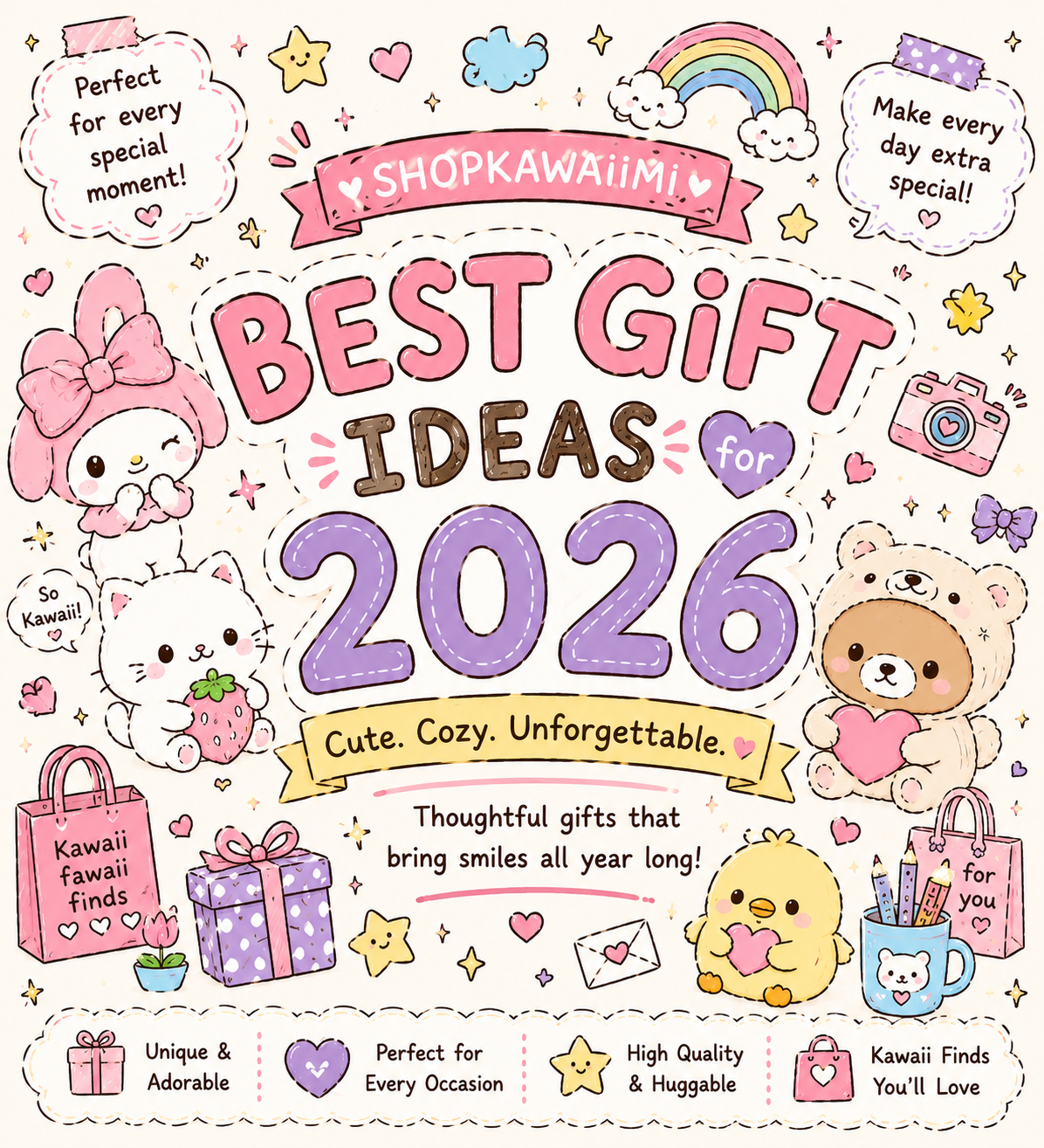 Cute kawaii homepage banner showcasing plush toys, cozy accessories, and the best gift ideas for birthdays, holidays, and special occasions.